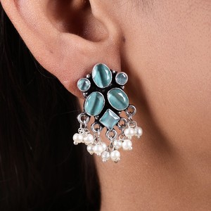 Pendientes Colgantes de Perlas Plateadas Oxidadas de Latón al por Mayor, Estilo Bohemio Vintage con Gemas, Joyería Tribal India Hecha a Mano, ARTS JEWELS para Mujer - Product Image 3
