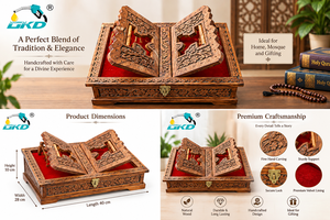 Boîte à Coran en bois faite à la main GKD, écologique, design islamique, avec doublure rouge, étui de rangement traditionnel rectangulaire pour table, maison, retraite - Product Image 3