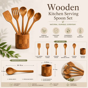 Ensemble d'ustensiles de cuisine en bois d'acacia de qualité supérieure avec support |   Cuillères et spatules de cuisine en bois faites à la main |   Outil de service antiadhésif et sûr - Product Image 5