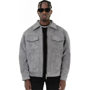 Men's Gray Suede Jacket Turn-<b>Down</b> Collar Casual Autumn Regular Fit Solid Color PU Leather Outerwear - Product Image 2