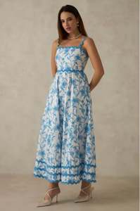 Robe longue trapèze dos nu à col carré et bretelles spaghetti, imprimé coloré, motif floral personnalisé, pour femme, collection designer - Product Image 4