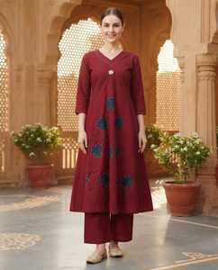 Women's Maroon Cotton Quick Dry A-Line <b>Kurti</b> Pant Suit Set Regular Fit Knee-Length Traditional <b>Indian</b> Wear Casual All Seasons - Product Image 1
