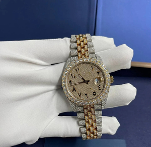 Montre de luxe en acier inoxydable glacé, diamants Moissanite, bicolore or et argent, cadran arabe, verre saphir, fenêtre de date, style Hip Hop - Product Image 6