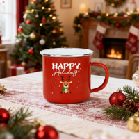 Mug en émail de Noël rouge en métal avec rebord en acier inoxydable pour café, chocolat chaud, cadeaux de fêtes, avec boîte