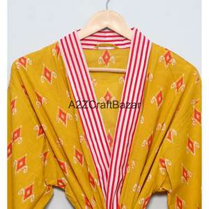 Bata Kimono de Algodón Suave para Mujer con Estampado Artesanal, Cuello en V, Manga Tres Cuartos, Largo Completo, Cierre con Cordón, Transpirable y de Secado Rápido - Product Image 4