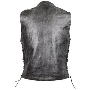 Gilet vintage pour homme en cuir gris vieilli, style motard western, col rond, fermeture boutonnée, lacets latéraux, ajustement réglable, automne - Product Image 4