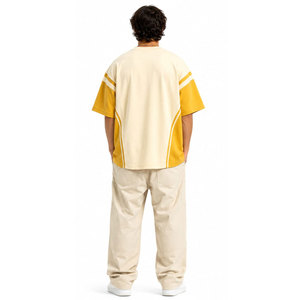 <b>Men's</b> Oversized Short Sleeve T-<b>Shirt</b> Cream Yellow Contrast Trim O-Neck Street Style Printed Letter Design Jersey Fabric - Product Image 3
