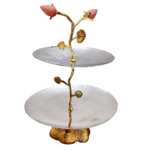 Home Decorative Exclusive 2 <b>Tier</b> Brass & Aluminum <b>Cake</b> Stand With Decoration Leaf & Lotus Design Metal Serving Platter For Sale - Product Image 1