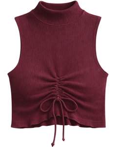 Top Corto Personalizado Color Vino Tinto, Cuello Alto Acanalado, Sin Mangas, con Cordón Ajustable, Fruncido en la Parte Delantera, Corte Ajustado, Informal para Mujer - Product Image 1