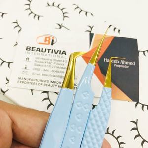 Pinzas de extensión de pestañas profesionales Logotipo personalizado Probado a mano Acero inoxidable Cielo azul Oro Volumen Punta puntiaguda 12cm 45 grados - Product Image 5