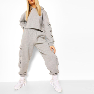 Conjunto Deportivo Gris con Capucha para Mujer, Pantalones Deportivos Cargo Largos, Corte Holgado, 100% Algodón, Ropa Casual de Otoño - Product Image 2