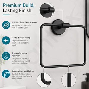 Porte-serviettes mural en acier inoxydable noir avec revêtement en poudre pour lavabo et salle de bain - Product Image 6
