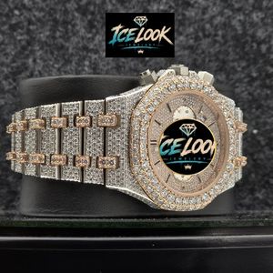 Montre mécanique chronographe Ice Look avec lunette sertie de diamants, bracelet en acier inoxydable couleur or rose, montre de luxe pour homme - Product Image 3