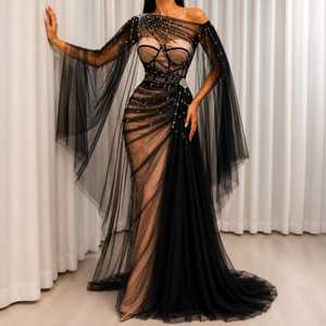 Robe de soirée noire transparente ornée de perles, décolleté cœur, en satin naturel, ornée de cristaux, robe de bal élégante sur mesure - Product Image 1