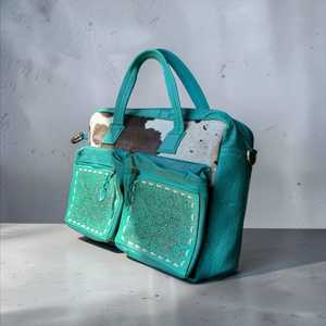 Turquoise Genuine <b>Leather</b> <b>Soft</b> <b>Bag</b> With Cowhide Panel And Embossed Pockets Fashion Women's Daily Multi-Functional Handbag - Product Image 3