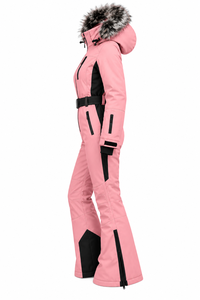 Combinaison de ski imperméable pour femme avec capuche, garniture en fourrure, blocs de couleur et fermeture éclair pour l'isolation - Product Image 5