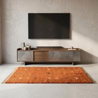 Tapis d'appoint unique en laine noué à la main, orange brûlé, à poils plats, motif floral, traditionnel, décoratif, avec franges et pompons