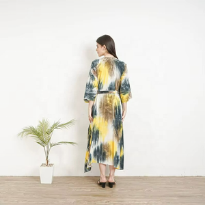 Kimono de mujer estilo bohemio tie-dye, el más vendido, cárdigan largo de verano con bolsillos delanteros abiertos, cintura natural, teñido liso, estilo dulce - Product Image 2