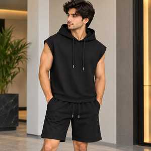 ชุดเซ็ตเสื้อฮู้ดแขนกุดและกางเกงขาสั้นสำหรับผู้ชาย Jerry Wear รุ่น Autumn Knitted สไตล์สปอร์ตแคชชวล ผ้าถัก ทรงหลวม ไหล่ตก ผลิตจากโพลีเอสเตอร์/คอตตอน แห้งเร็ว - Product Image 6