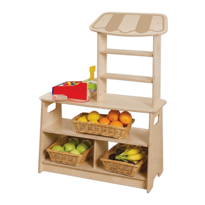 Jouet de marché en bois pour enfants avec étagères de présentation, paniers de rangement et caisse enregistreuse, jeu de rôle éducatif - Product Image 1