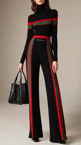Women's Black Turtleneck Tracksuit Set <b>With</b> Red Green Striped <b>Wide</b> <b>Leg</b> Pants - Product Image 5