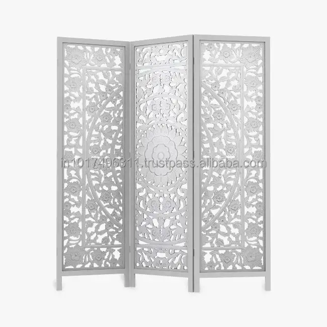 Handcrafted 3 Panel Wooden Room Partition & Room Divider ( White) Solid Wood Decorative Screen Partition (Free Standing)