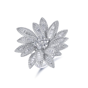 Flower Moissanite <b>Ring</b> Baguette Cluster 925 <b>Silver</b> Luxury <b>Statement</b> <b>Ring</b> - Product Image 1