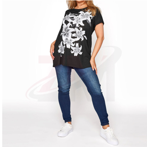 Camiseta de Manga Corta con Cuello Redondo y Estampado Floral Negro para Mujer, Corte Holgado, Informal, Tejida, 100% Algodón, Transpirable, Primavera Verano - Product Image 4