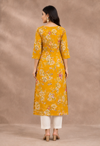 Kurta de Mujer Amarilla con Bordado, de Algodón Puro Tejido, Holgada, Casual, con Estampado Floral, Cintura Natural, para Uso Diario, Elegante, con Trabajo de Hilo - Product Image 6