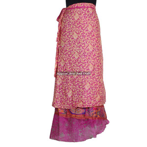 Boho New Indian Vintage Wrap Tie Long Skirt Recycled Silk Saris Style Skirts Sarongs Skirts Indian <b>Old</b> Saree Reversible Print - Product Image 5