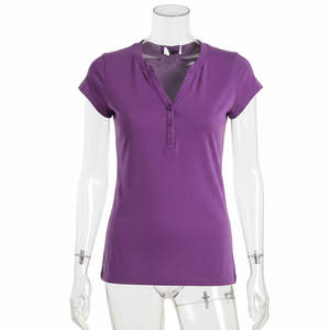 Nueva llegada, camisetas de manga corta con botones de tela de algodón suave con logotipo personalizado para mujer, precio al por mayor, camiseta para mujer - Product Image 1