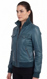 Chaqueta Bomber de Cuero Azul Turquesa para Mujer al por Mayor con Ribete de Punto Acanalado, Cuello Alto, Ecológica, Cortavientos, de Invierno, Estilo Aviador Personalizado - Product Image 3