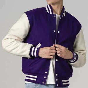 <b>Men's</b> Purple Varsity <b>Jacket</b> With <b>Cream</b> Sleeves Button Closure Turn-down Collar Regular Fit Autumn Wear Preppy Style - Product Image 1