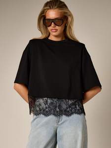 Summer Loose Black Tee Luxury Lace Stitching Women's Shirts Crop <b>Tops</b> Short Sleeve O-Neck Cotton Dropped Shoulder T-Shirt Vendor - Product Image 3