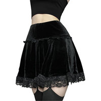 Jupe courte en velours noir à volants et dentelle pour femme, taille haute, style gothique punk, streetwear E-Girl, vente en gros