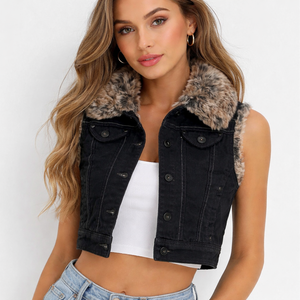 Gilet court en jean noir pour femme Litmus |   Veste sans manches à col garni de fausse fourrure |   Gilet de créateur respirant style streetwear - Product Image 1