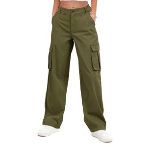 Pantalon cargo taille haute pour femme, vert olive, coupe ample, style utilitaire, longueur intégrale, couleur unie, fermeture boutonnée, respirant - Product Image 3