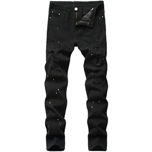 Jean en denim déchiré et vieilli coupe slim droite pour homme, taille mi-haute, décontracté, en coton noir, idéal pour l'automne - Product Image 1