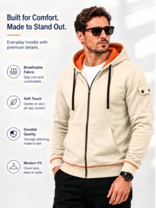 Sudadera con Capucha para Hombre, Color Beige Sólido, con Cierre, Forro Naranja y Bolsillo Delantero, Ropa Casual de Invierno, Impresión Digital - Product Image 2