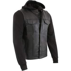 Gilet en cuir pour homme LKM3714 noir style club '2 en 1' avec fermeture éclair et capuche amovible à manches longues, gilets et gilets sans manches pour homme - Product Image 4