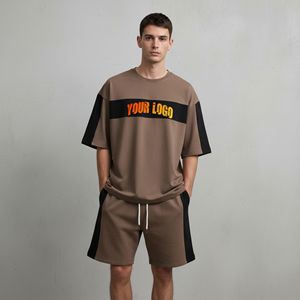 Conjunto de 2 piezas de ropa urbana personalizada 100% algodón, talla grande, para hombre, con logotipos impresos en relieve, estilo hip hop, conjunto de pantalones cortos de 2 tonos para hombre - Product Image 1