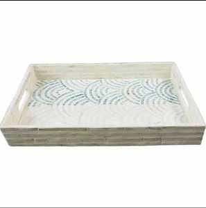 Plateau de service en bois de luxe fait main avec incrustation d'os et nacre, décoration artisanale pour la maison, cadeau de mariage, centre de table durable pour table basse - Product Image 1