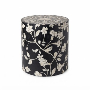Taburete geométrico hecho a mano con incrustaciones de hueso en blanco y negro, mesa auxiliar con forma de tambor, muebles de lujo para sala de estar y dormitorio - Product Image 2