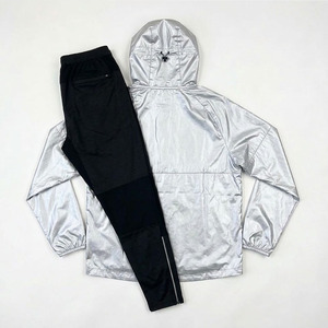Unisex <b>Silver</b> Metallic Lightweight Hooded <b>Jacket</b> and Black Elastic Waist Joggers Set 2 Piece Premium Sportswear Tracksuit - Product Image 2