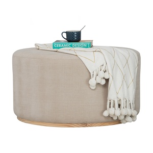 Designer Cream Fabric Large Pouf <b>Stool</b> MDF LVL Veneer Modern Ottoman for Home Lounge - Product Image 2