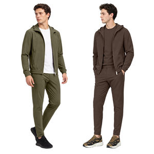 Ensemble de survêtement à capuche pour homme, couleur unie, fermeture éclair intégrale, décontracté, respirant, en polyester, coupe classique, poches latérales, pour l'automne - Product Image 4