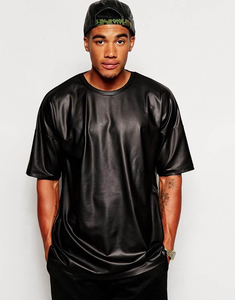 T-shirt en cuir noir uni pour homme, coupe classique, haute qualité, logo personnalisé, service OEM, vente en gros, vêtements décontractés pour garçons - Product Image 1