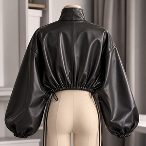 Women PU <b>Leather</b> Blouson Jacket Stand Collar Lantern Sleeve Lace Up Closure <b>Short</b> Length Autumn Style - Product Image 5
