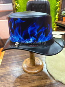 Chapeau haut de forme fait main avec motif crâne flamme bleue, style Western Cowboy Steampunk Gothique Biker, pour adultes, idéal pour les fêtes - Product Image 6