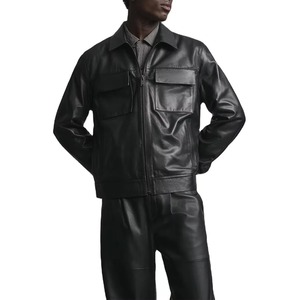 Veste en cuir noire pour homme, col rabattu, fermeture éclair, style workwear, manches classiques, couleur unie, vêtement d'automne - Product Image 1